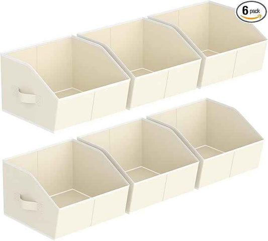 Storage Bins for Shelves - Small Trapezoid Closet Shelf Organizer, Fabric Organization Bins with Handles, Storage Baskets for Clothes, Towel, Purse, 6 Pack, Beige