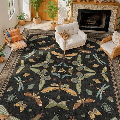 Black Washable Insect Area Rugs 8x10 for Living Room (80 Sq Ft)