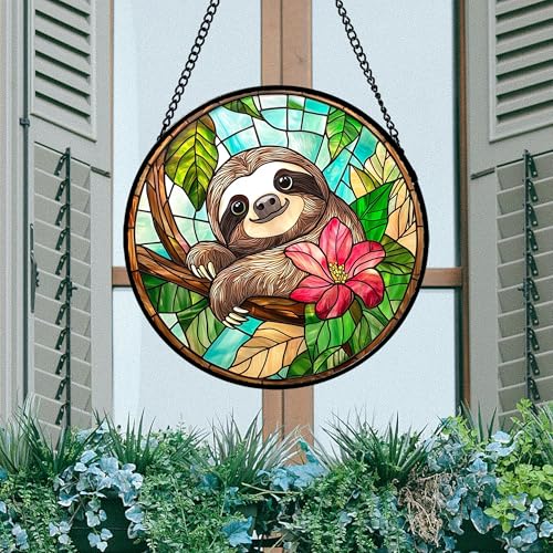 Stained Glass Window Hanging Sloth Flower Suncatcher Gifts for Women 12"
