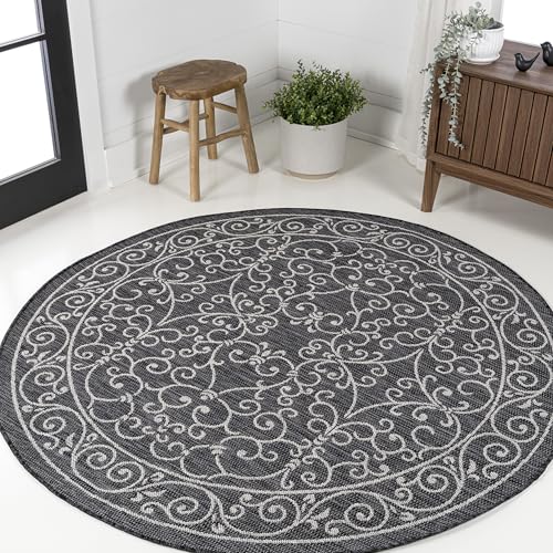 Vintage Filigree Indoor Outdoor Round Area Rug 8 Ft Black