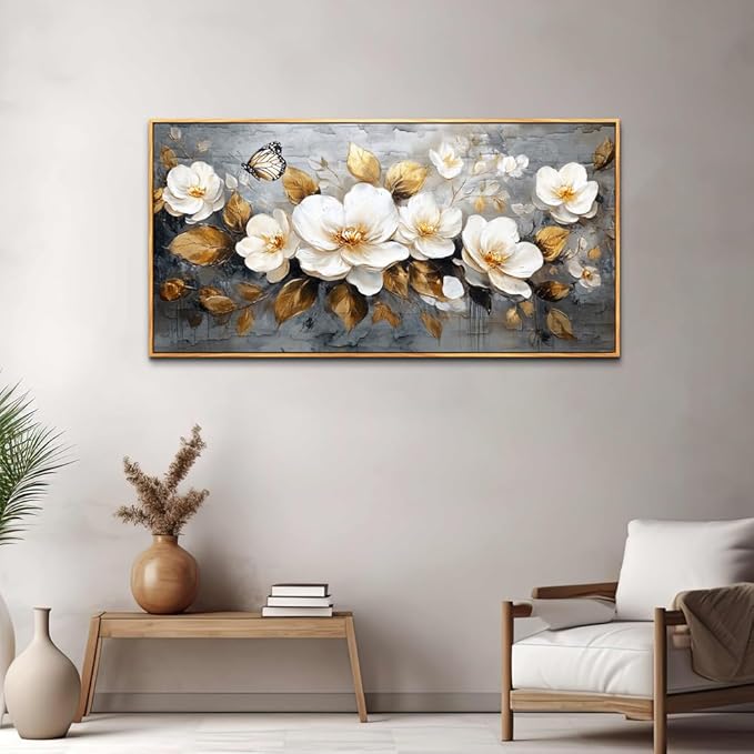FUHAIHUA Wood Framed Canvas Wall Art For Living Room Wall Decor For Bedroom Office Wall Decoration White Flower Painting Farmhouse Pictures Artwork Room Aesthetic Home Decor 20x40 In