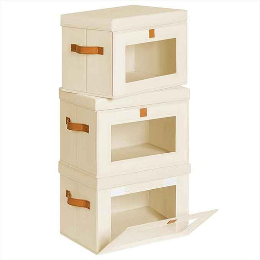 Small Fabric Storage bins - Collapsible Storage Bins with Open Window, 3 Pack Closet Baskets for Shelves, Stackable Decorative Boxes for Home, Dorm, Beige, 13.7"x 9.8" x 9.8"