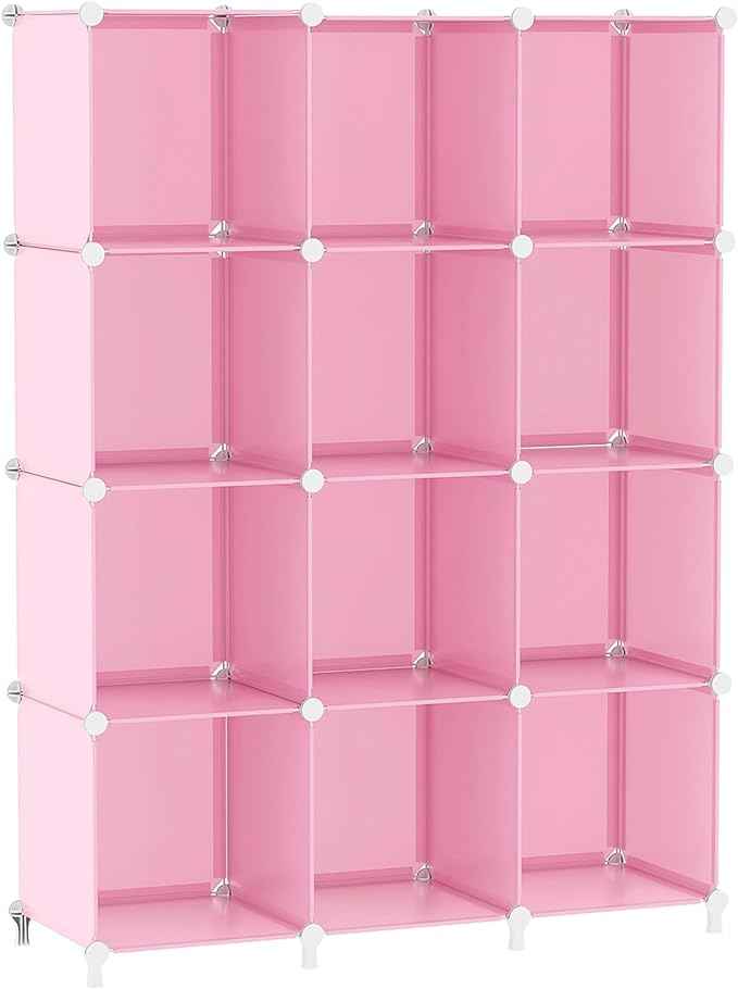 AWTATOS Cube Storage Organizer Protable Closet Organizers and Storage for Kids DIY Stackable 12 Cube Storage Shelves Clothes Organizer for Bedroom, Home, Pink