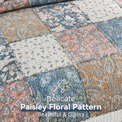 3 Piece Quilt Set Queen Size Quilted Bedspread Reversible Country Style Blue Floral Paisley Real Patchwork Bedding Quilt Set with Ruffles with Pillowcases for All Seasons