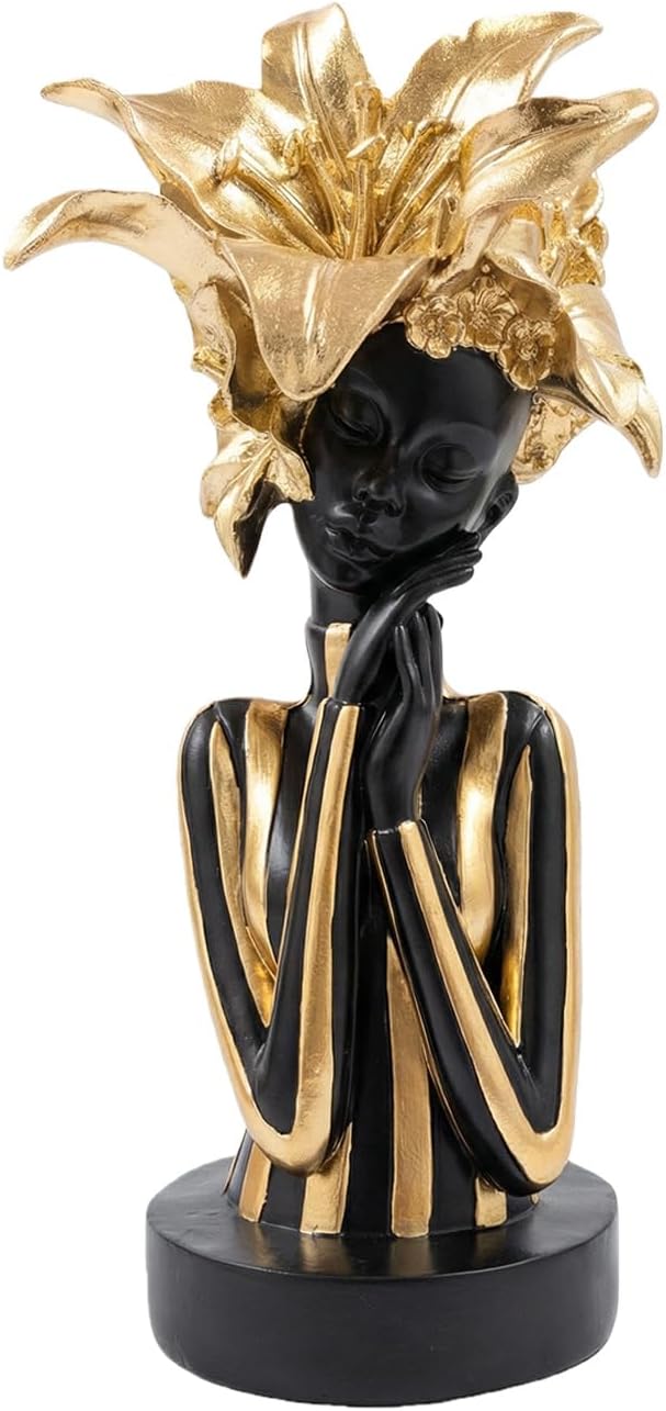 African Woman Art Sculpture with Gold Floral Crown, Exquisite African Statue, Emotional Modern Home Art Gift for Various Settings Such as Home, Bookshelves, desks, or Offices(7.68 inch