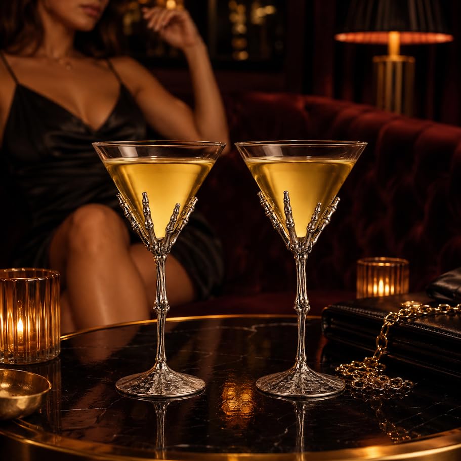 Skeleton Hand Martini Glasses Set Of 2 9 Inch Spooky Halloween Cocktail Bar