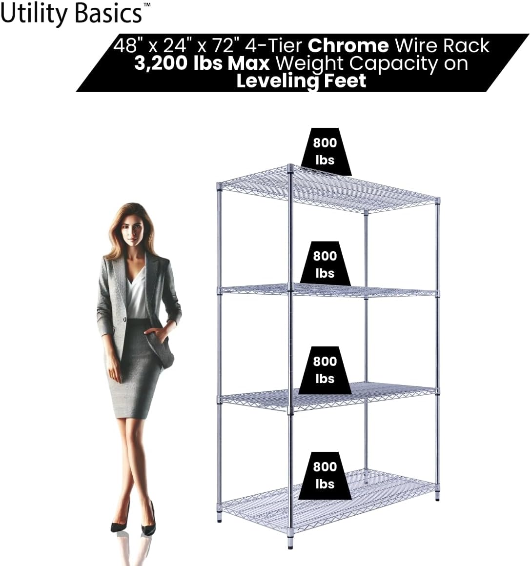 48"x24"x72" Chrome Premium Metal Steel Wire Shelving 4-Tier NSF 3200 LBS MAX Capacity Heavy Duty Storage Rack for Garages, Commercial Spaces, Hospitals, & Schools w/Premium Wheels - NestledHome