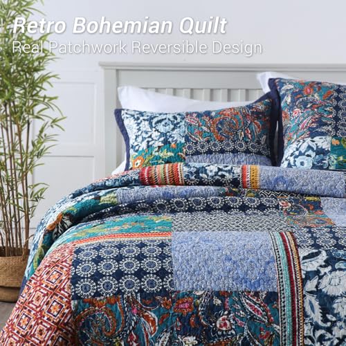 California King Quilt Set Reversible Lightweight Bohemian Paisley Patchwork Cotton Quilted Bedspread Coverlet Set 3