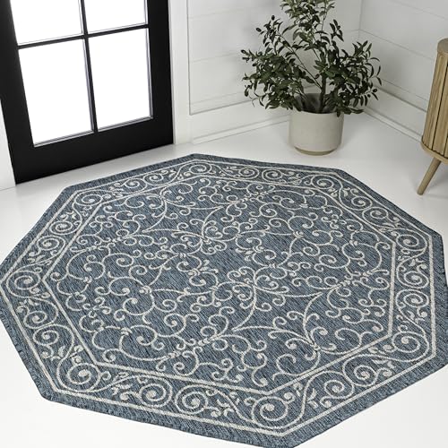 Vintage Filigree Indoor Outdoor Octagon Area Rug 8 Ft Teal