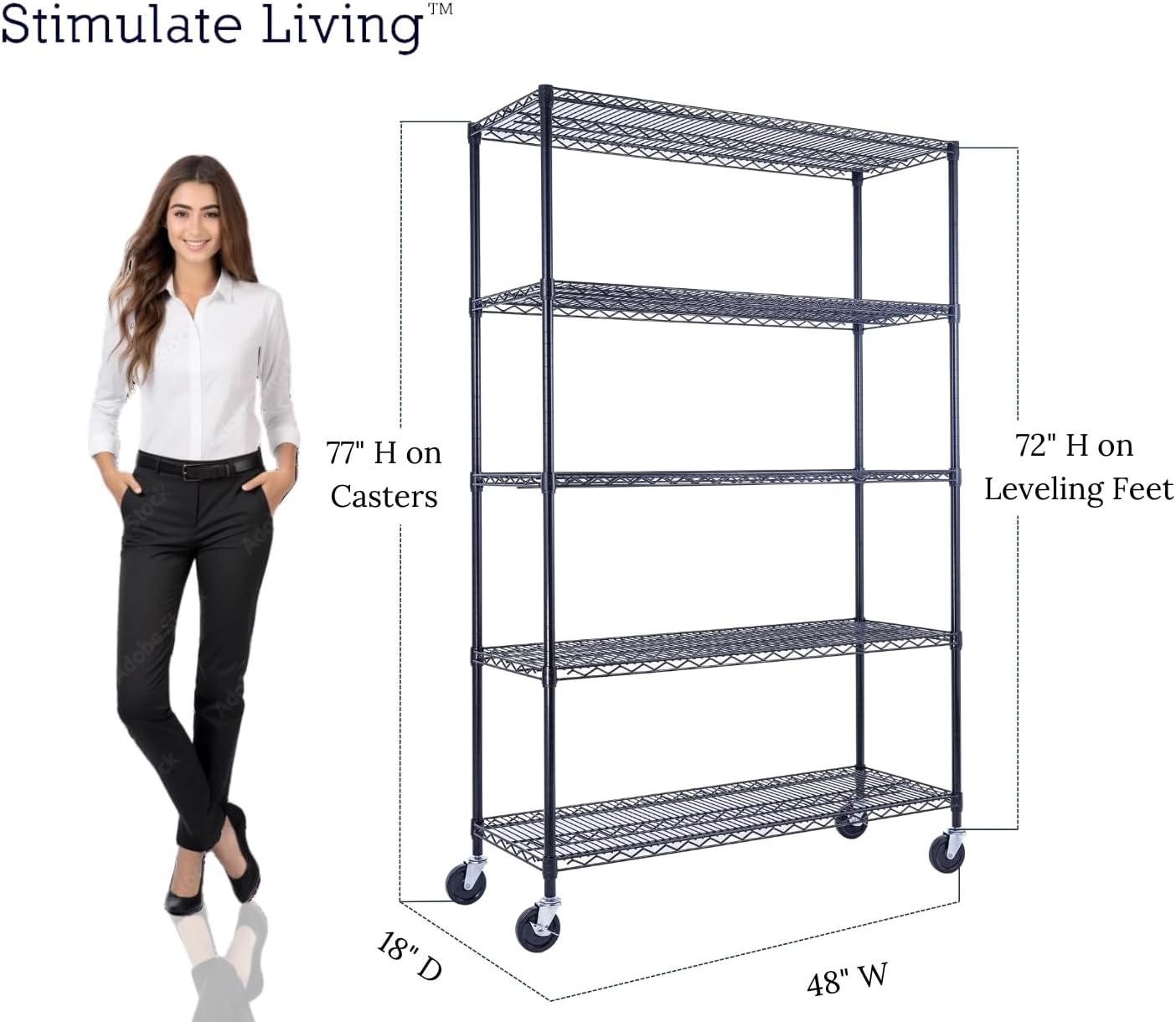 48"x18"x72" PRIME HEAVY DUTY Black 5-Tier Wire Shelving NSF 4000 LBS MAX Capacity Storage Rack for Commercial, School, Home, Garage, Warehouse, Industrial, and Hospital Uses (with Wheels) - NestledHome