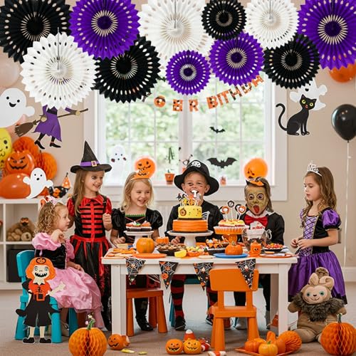 Honeycomb Round Paper Fans Black Purple Hanging Party Decoration (11 Count)