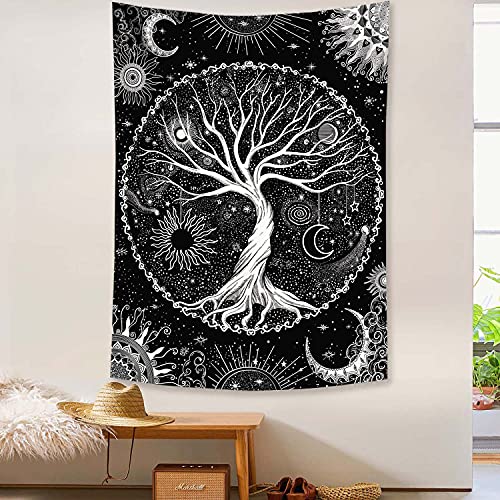 Tree of Life Tapestry Black and White Tapestry Mystical Sun and Moon Tapestries for Bedroom and Living Room Decor Black Tree 44×60 Inches
