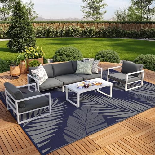 Outdoor Rug Waterproof Plastic Rugs 10'x14' for Camping Blue Grey