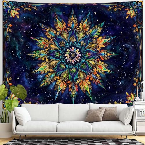 Boho Floral Mandala Tapestry for Bedroom Aesthetic Blue Bohemian Colorful Flower Wall Tapestry Purple Hippie Indian Extra Large Tapestries Wall Hanging for Living Room Dorm Decor 90 x 68 Inch