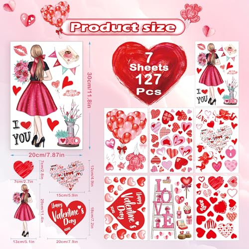 Valentine's Day Hearts Window Clings for Glass Window 7 Sheets 127 Pcs Happy Valentines Day Heart Window Stickers Decals Decorations Party Supplies for Wedding Anniversary Valentines (127 Count)