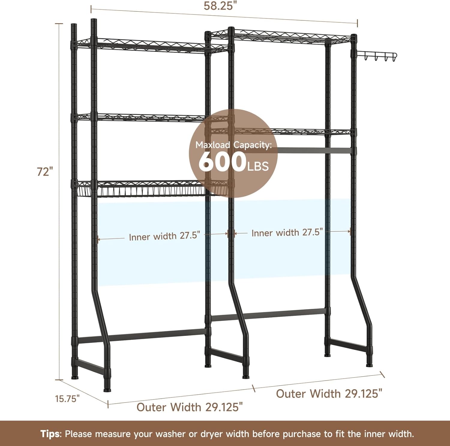 Over Washer and Dryer Shelves,Heavy Duty Laundry Room Storage Organization Clothes Drying Rack,5 Tier Adjustable Height Wire Shelving and Wire Basket with Hanger Rod&Hook,Space Saving Shelf - NestledHome