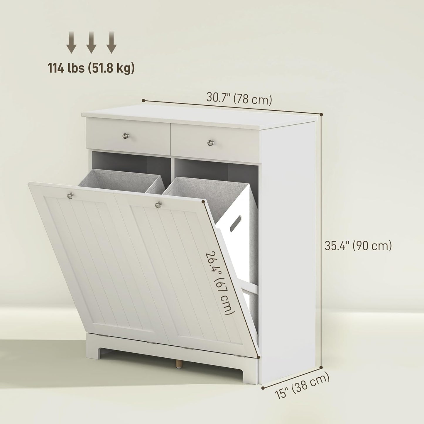 HOMCOM Laundry Hamper Cabinet with 2 Removable Baskets, Tilt Out Laundry Hamper Cabinet with 2 Drawers and 2 Beadboard Doors, Laundry Cabinet Bathroom Storage Cabinet, White - NestledHome
