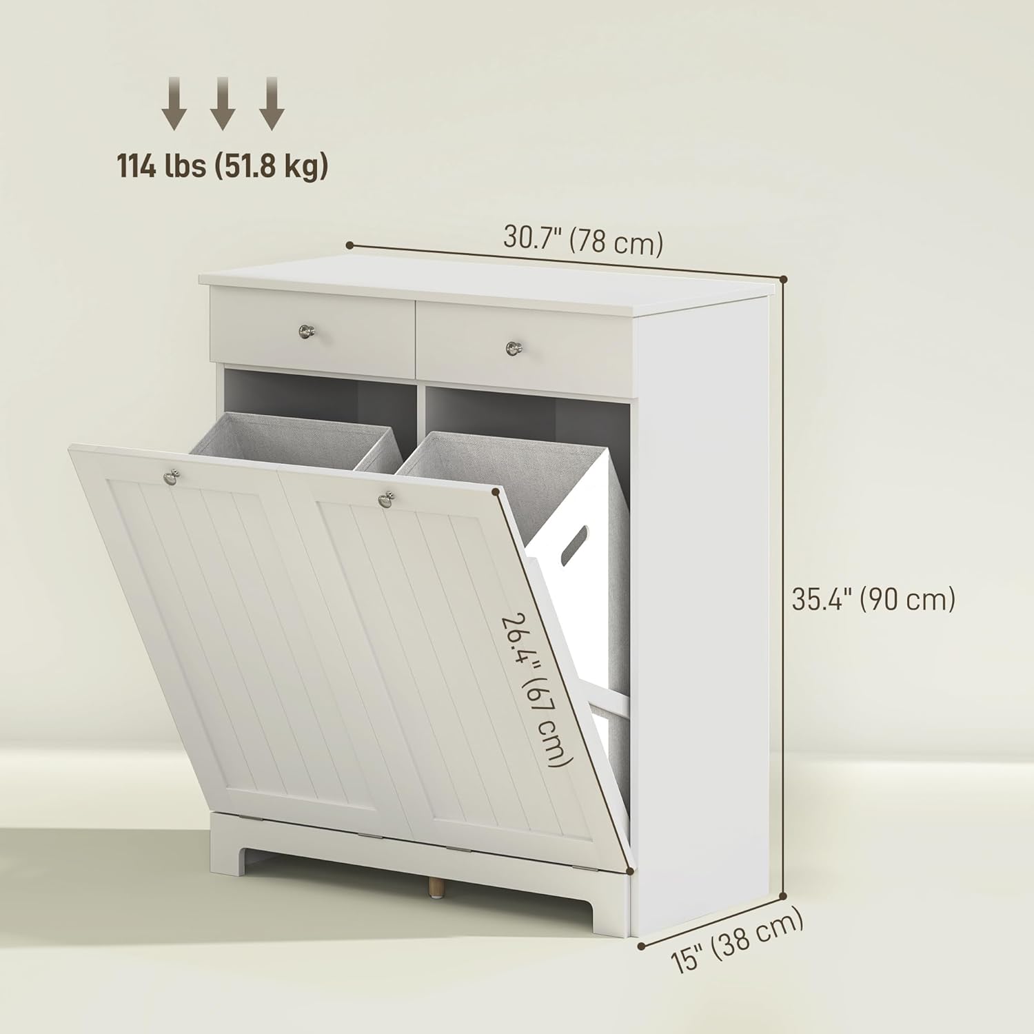 HOMCOM Laundry Hamper Cabinet with 2 Removable Baskets, Tilt Out Laundry Hamper Cabinet with 2 Drawers and 2 Beadboard Doors, Laundry Cabinet Bathroom Storage Cabinet, White - NestledHome