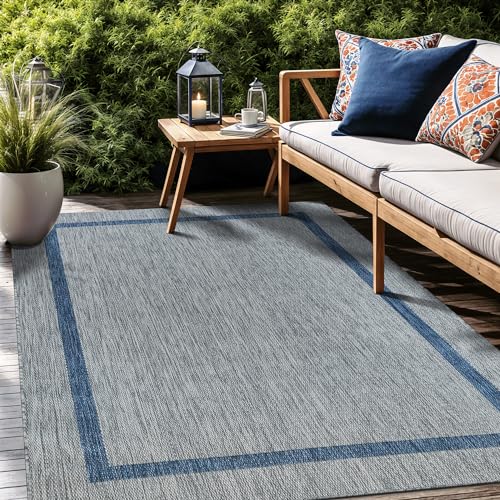 Bordered Outdoor Rug 5x7 Washable Outside Carpet for Indoor Patio Porch Waterproof Easy Cleaning Non Shedding Area Rugs Silver Gray