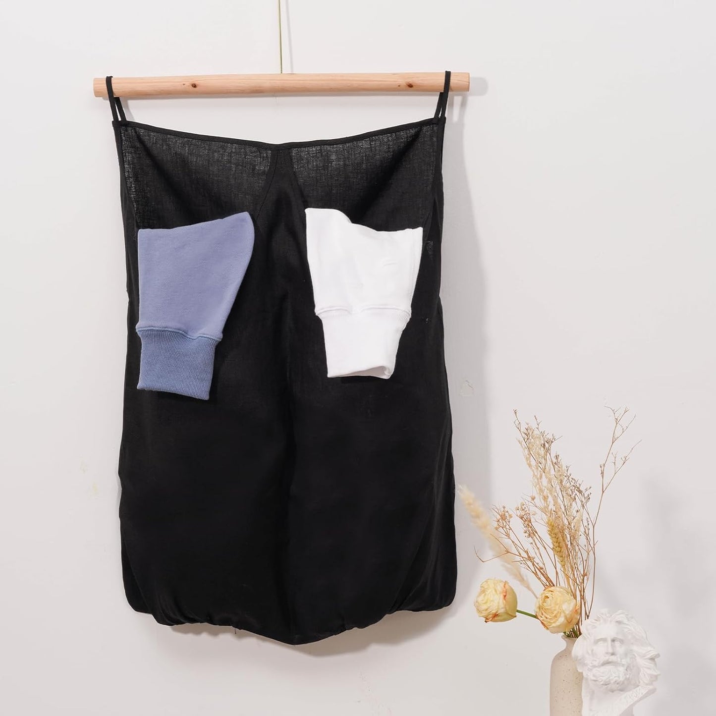 100% Pure Linen Dual Hanging Laundry Bag with 2 Deep Pocket and 2 Side Zipper 20x27in, Over The Door Laundry Hamper Space Saving Hampers for Dirty Clothes Home Travel, Black - NestledHome