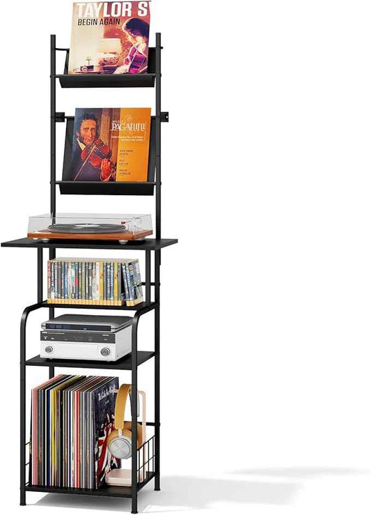 Record Player Stand with Vinyl Storage - 6-Tier Turntable Table with Adjustable Feet, Metal & Wood Cabinet - Console Organizer Display Shelf for Living Room, Apartment