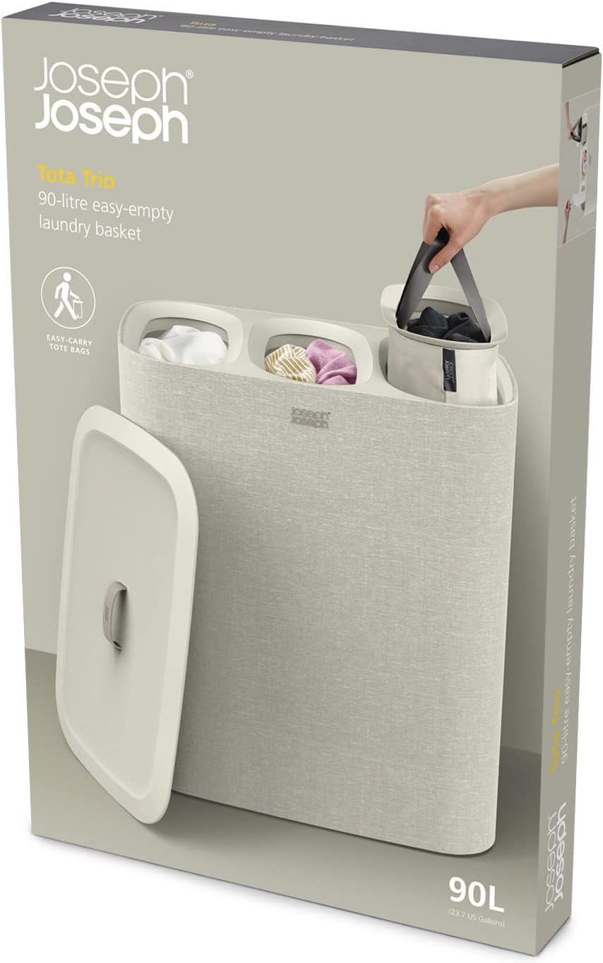 Joseph Joseph Tota Trio 90 liter/23.8 gallon Laundry Hamper Separation Basket with lid, 3 Removable Washing Bags with Handles- Ecru - NestledHome