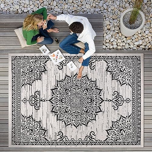 Outdoor Rug 5x7 Medallion White Black Modern Area Rugs for Indoor and Outdoor Patios