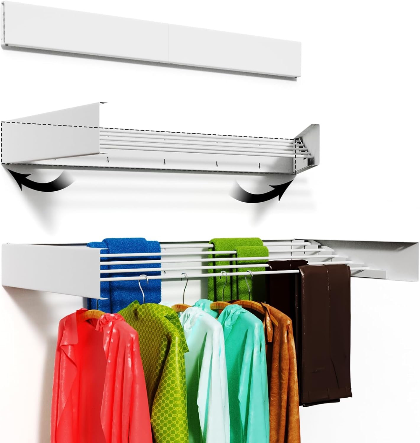 Wall Mounted Drying Rack for Laundry 40'', Folding Drying Rack Clothing Wall Mount with 5 Rods, Space Saving for Indoor Outdoor Bathroom Balcony (White, 40'') - NestledHome