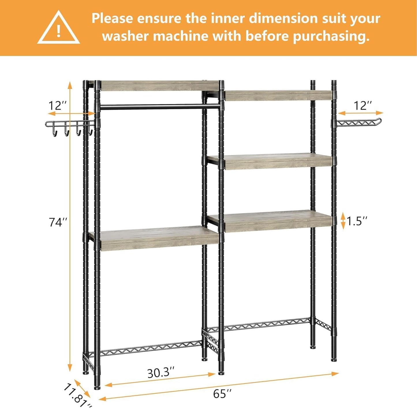 CABIHOME 5-Tier Over-The-Washer Shelf - Adjustable Height Laundry Organizer Space Saver, Double-Layer 100lb Shelves, 2 Hooks for Bathroom/Balcony (Grey & Black) - NestledHome