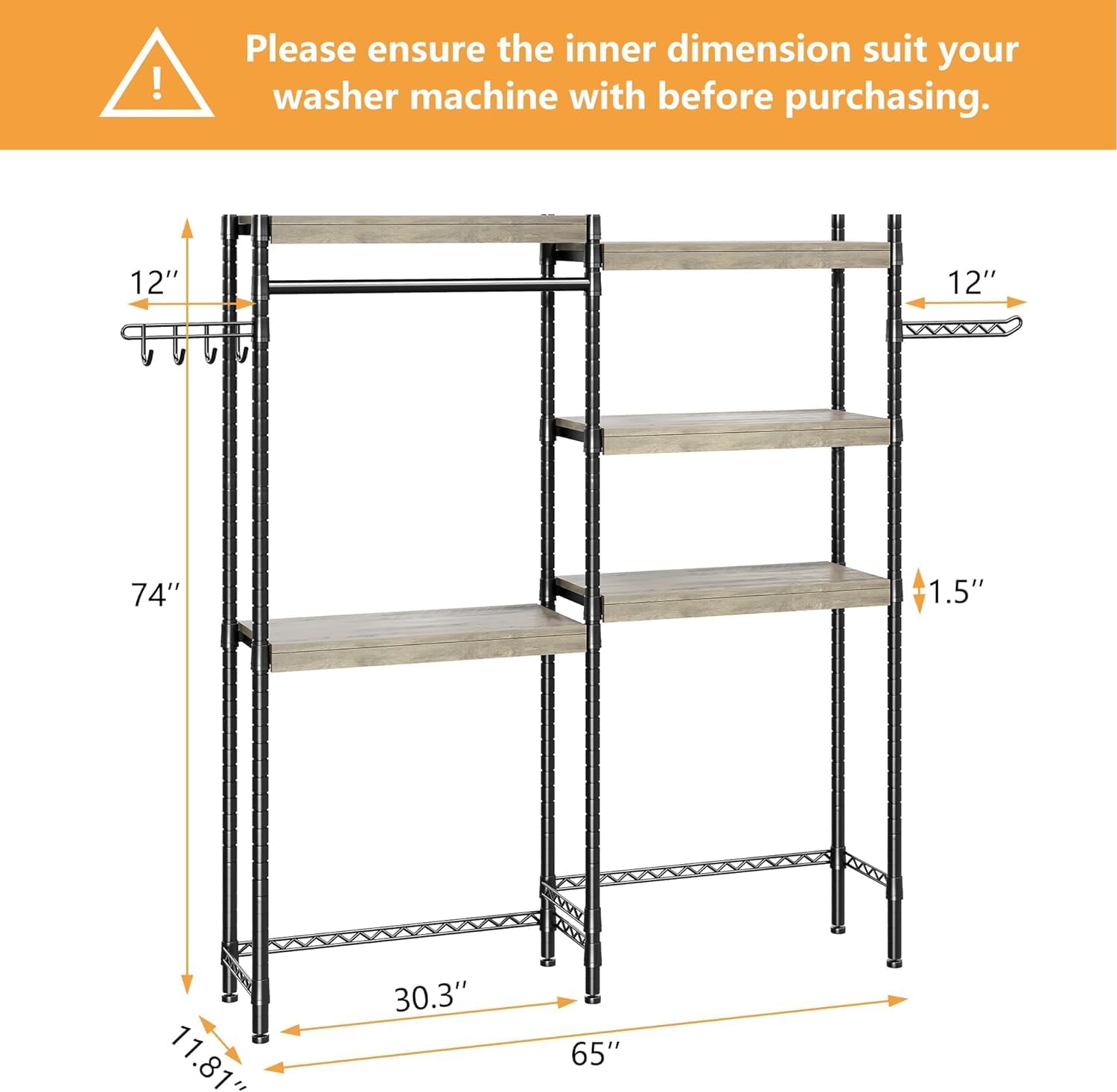 CABIHOME 5-Tier Over-The-Washer Shelf - Adjustable Height Laundry Organizer Space Saver, Double-Layer 100lb Shelves, 2 Hooks for Bathroom/Balcony (Grey & Black) - NestledHome
