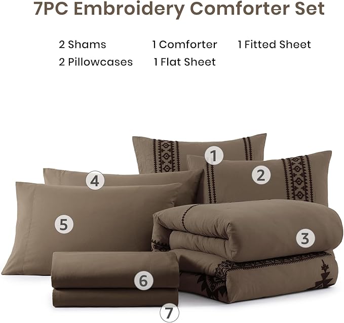 MaiRêve Embroidery King Size Comforter Set Taupe Grey, Boho Farmhouse Western Bedding Set 7 Pieces, All Season Bed in A Bag Comforter Set with Sheets, Pillowcases & Shams