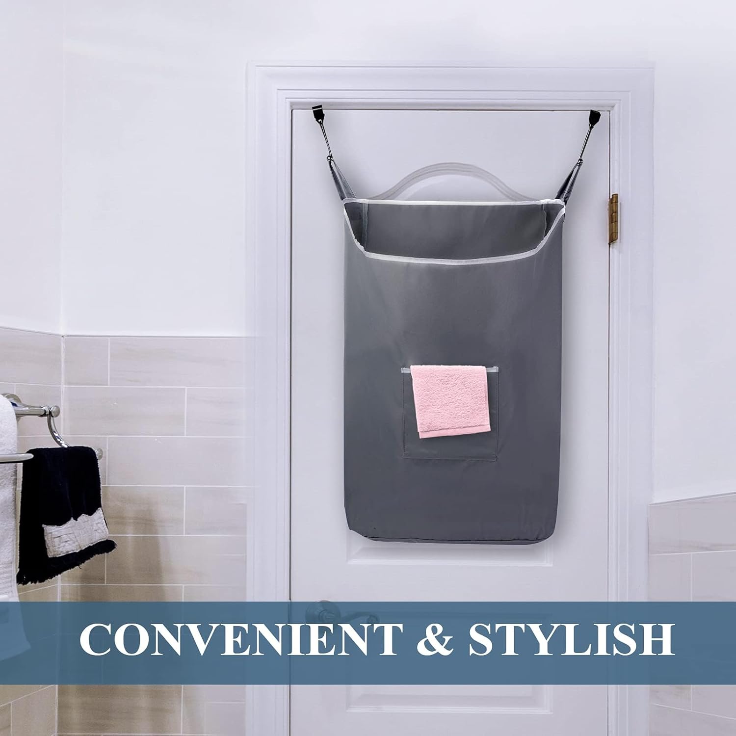 The Fine Living Co. X-Large Hanging Laundry Hamper with Over Door Hooks & Adhesive, Durable Space Saving Laundry Bag with Zipper and Wide Open Top,Hanging Dorm Laundry Hamper 20"x3.75"x31" (Gray-XL) - NestledHome