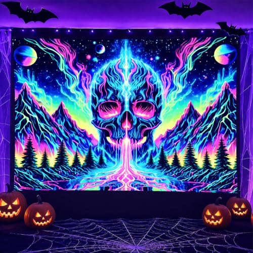 Blacklight Tapestry Skull Mountain Neon Wall Art 78 x 59 Inch