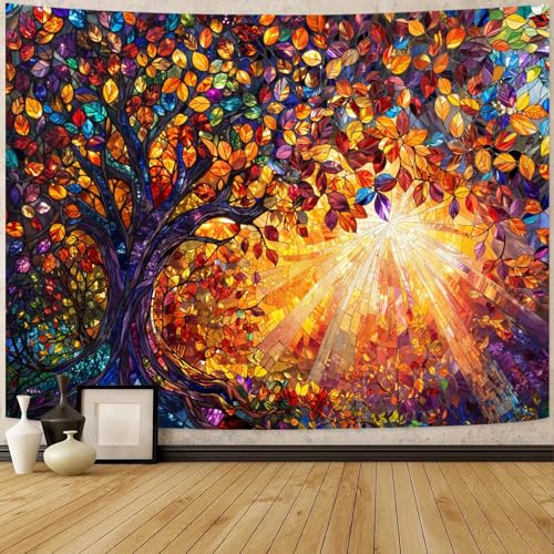 Tree of Life Tapestry Stained Glass Tapestry Wall Decor Tapestries for Bedroom Art Tapestries Wall Hanging for Bedroom Living Room Glass