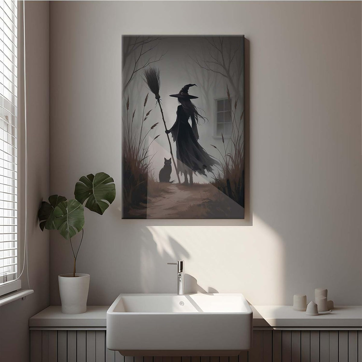 Vintage forest witch and black cat poster Halloween mural poster decoration mural art magic suitable for home living room bedroom8x12in Wood Framed