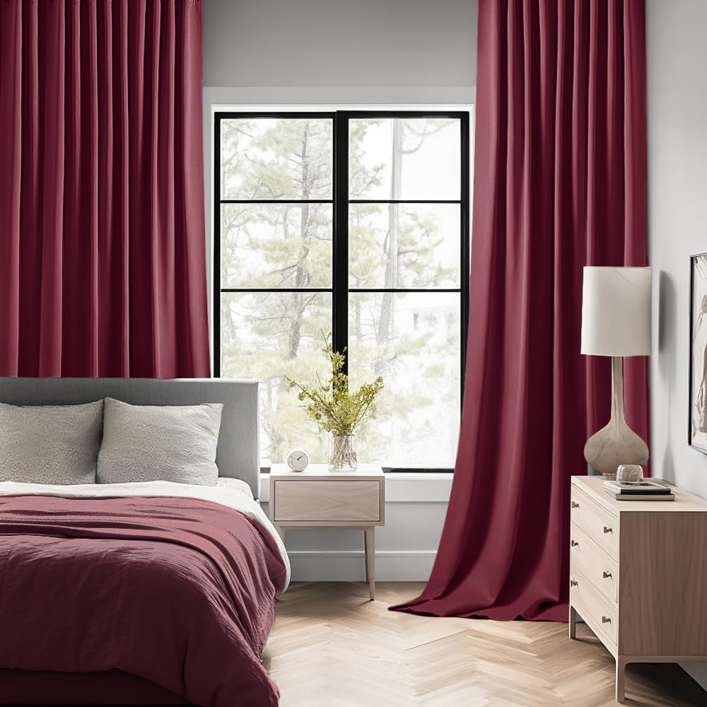 MIULEE Wine Red Back Tab Blackout Curtains 108 Inch Long 2 Panels Set for Bedroom, Rod Pocket/Pinch Pleat Extra Long Thermal Insulated Living Room Darkening Pleated Light Blocking Drapes