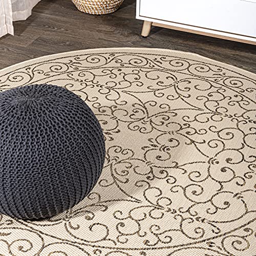 Vintage Filigree Indoor Outdoor Round Area Rug 5 Ft Beige