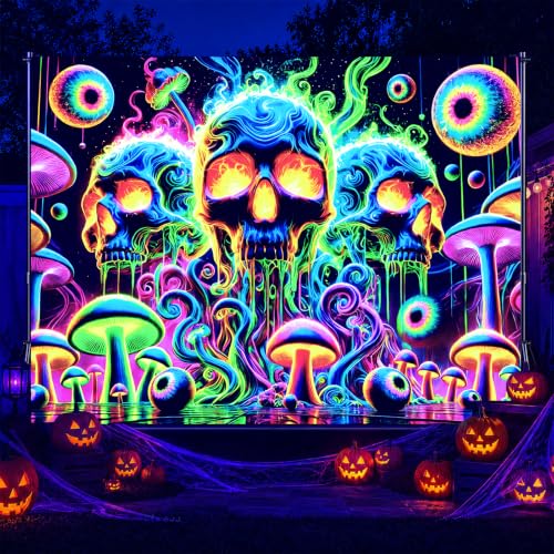 Blacklight Tapestry Skull Surreal Wall Art 78 x 59 Inch