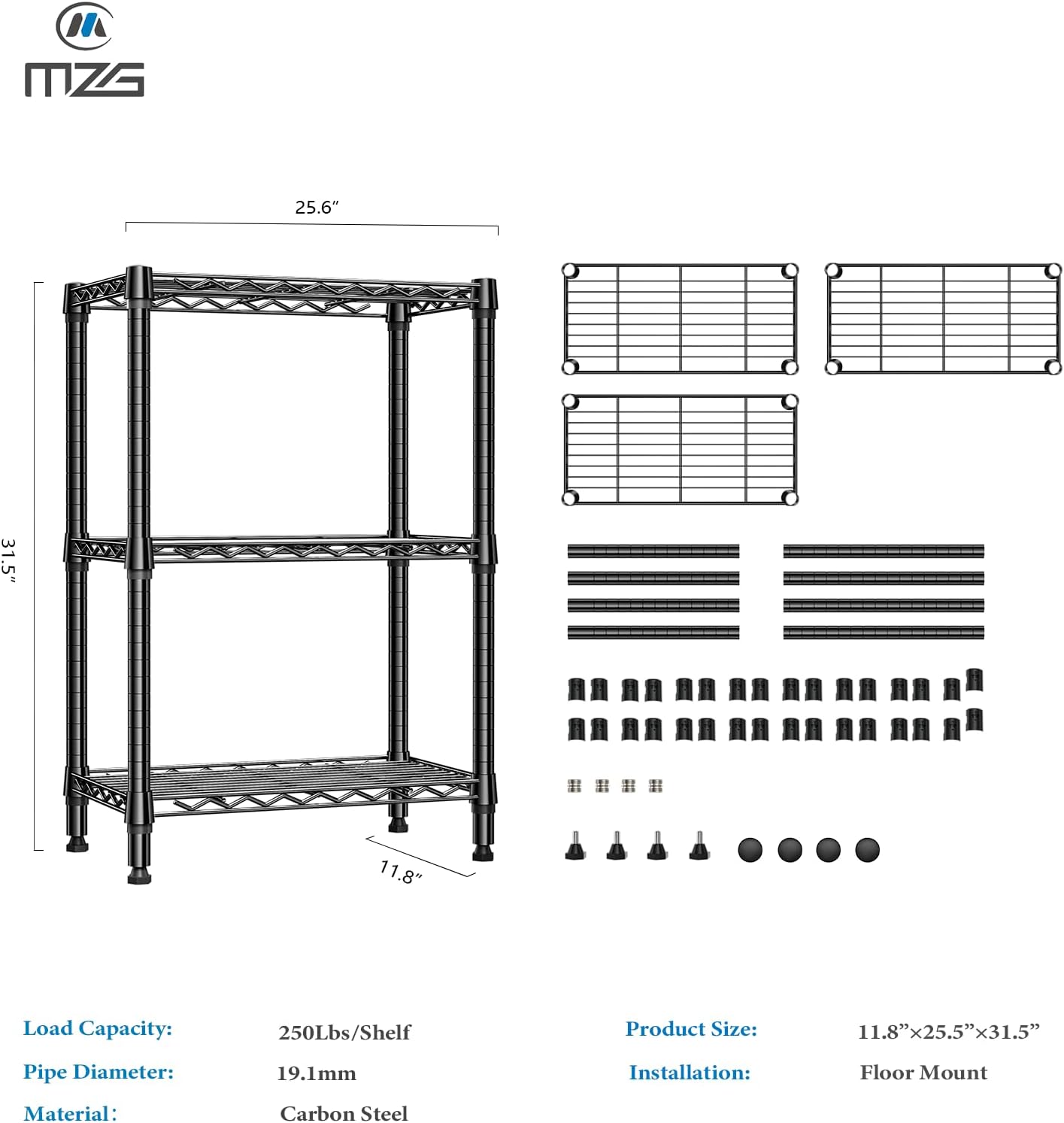750 lbs 3 Tier Shelf Metal Storage Shelves Wire Rack Closet Organizers for Garage Kitchen Bathroom Laundry Black 11.8" D x 25.6" W x 31.5" H - NestledHome