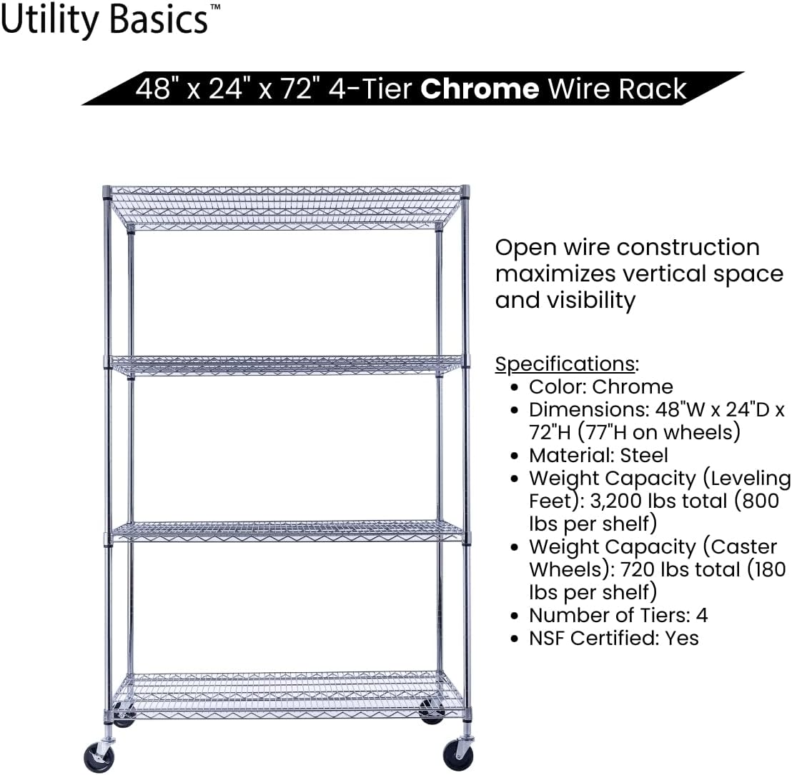 48"x24"x72" Chrome Premium Metal Steel Wire Shelving 4-Tier NSF 3200 LBS MAX Capacity Heavy Duty Storage Rack for Garages, Commercial Spaces, Hospitals, & Schools w/Premium Wheels - NestledHome