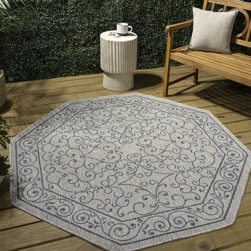 Vintage Filigree Indoor Outdoor Octagon Area Rug 5 Ft Gray