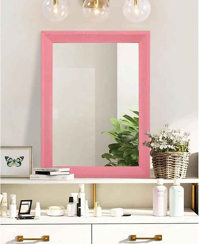 AAZZKANG Rectangle Mirror with Wood Frame Modern Farmhouse Wall Mirrors Decor Large 26"x18" for Bedroom Bathroom Living Room Pink