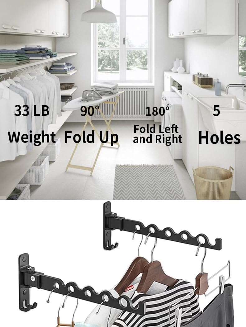Dr.DJ Wall Hanger for Clothes, Coat Hanger Mounted Matte Black Retractable Clothes Drying Organizer Rack Garment Hooks Aluminium Folding Indoor Space Saver (2 Racks) Black - NestledHome