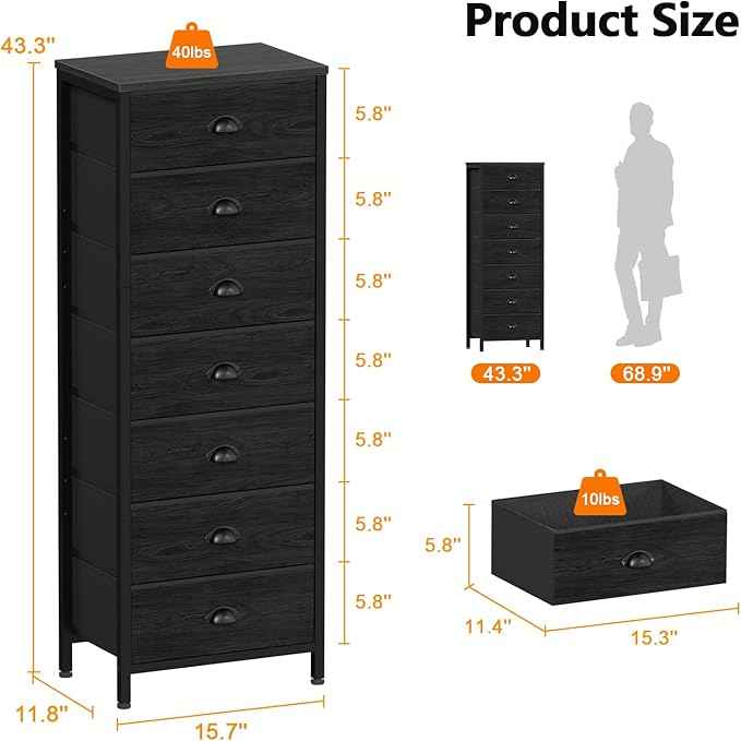 Furnulem Bedroom Dresser, Tall Chests of Drawers with 7 Fabric Bins, Black Organizer in Closet, Dorm, Living Room, Nursery, Hallyway-Storage Tower Unit, Sturdy Steel Frame