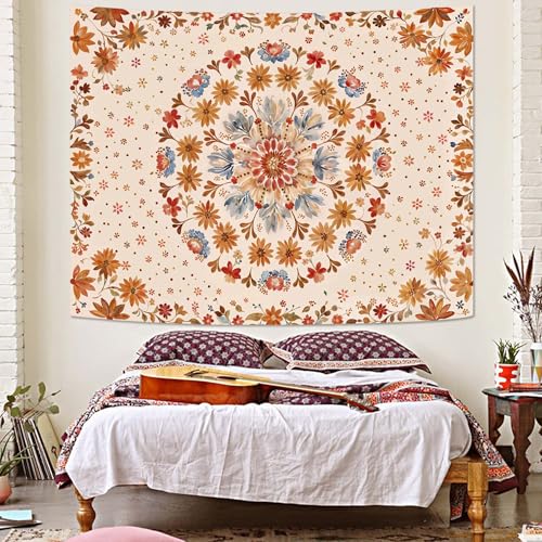 Boho Floral Mandala Tapestry Wall Hanging Watercolor Bohemian Flower Medallion Tapestry Aesthetic Beige Orange Hippie Indian Small Tapestries for Bedroom Living Room Dorm Decor 48 x 36 Inch