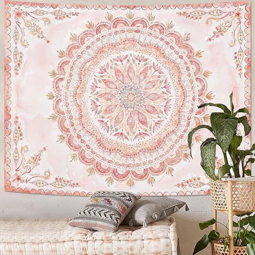 Boho Floral Mandala Tapestry Wall Hanging Pink Bohemian Flower Medallion Tapestry Aesthetic Watercolor Hippie Indian Large Tapestries for Bedroom Living Room Dorm Decor 80 x 60 Inch