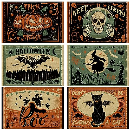 6 Pcs Halloween Placemats 12"x18" Gothic Bat Placemats Kitchen Decoration Washable Witch Place Mats Rectangle Skull Table Mats for Halloween Dining Table Accessories