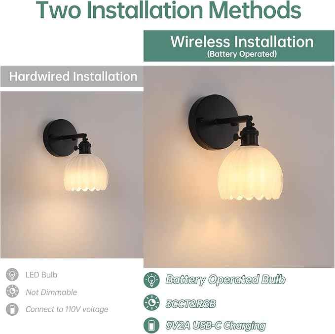 Vintage Battery Operated Wall Sconce with White Tulip Glass Lampshade Rechargeable Battery Powered Black Wall Light with Remote Control for Bedside Bedroom Doorway