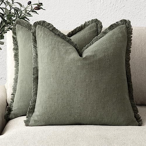 Decorative Linen Fringe Throw Pillow Covers 18×18 Olive Green (2 Count)