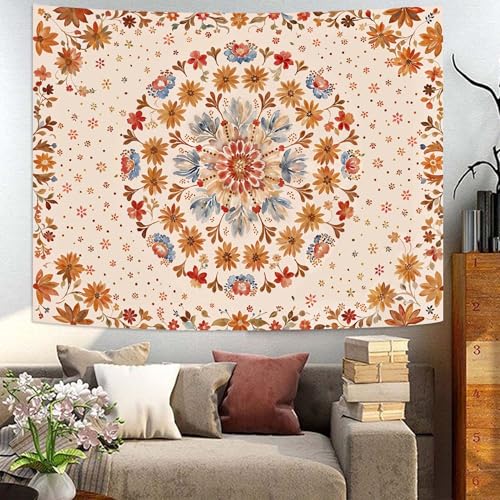 Boho Floral Mandala Tapestry Wall Hanging Watercolor Bohemian Flower Medallion Tapestry Aesthetic Beige Orange Hippie Indian Small Tapestries for Bedroom Living Room Dorm Decor 60 x 44 Inch